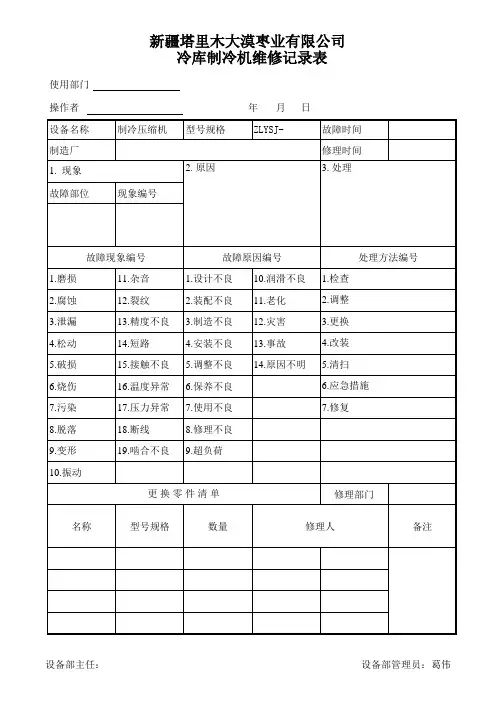 冷库制冷机组维修记录表