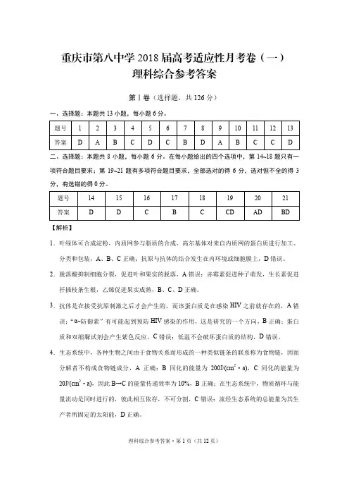 重庆市第八中学2018届高考适应性月考卷(一)理综-答案