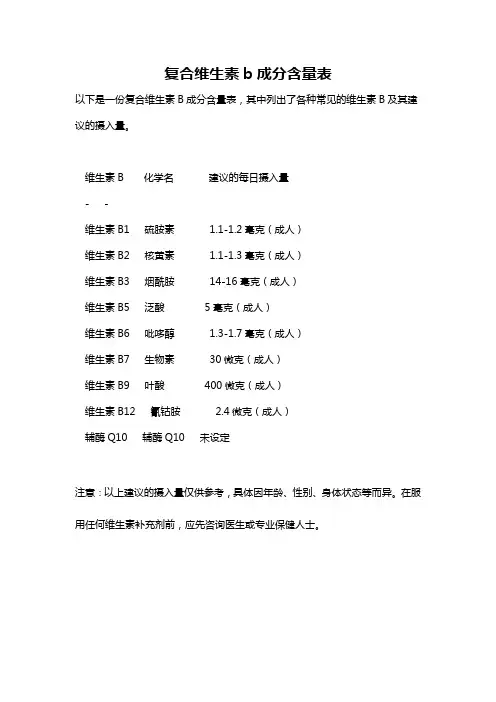 复合维生素b成分含量表
