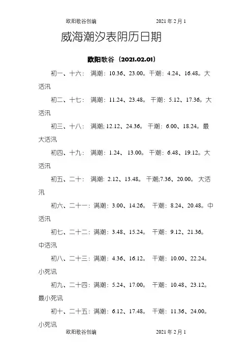 威海潮汐表之欧阳歌谷创编
