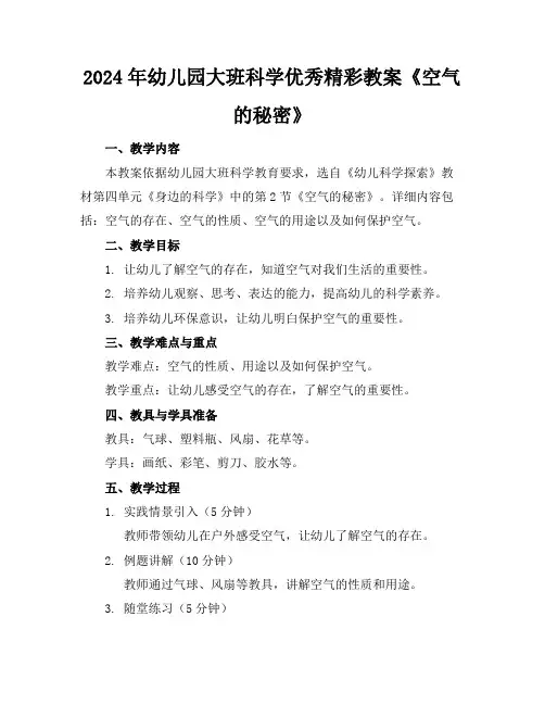 2024年幼儿园大班科学优秀精彩教案《空气的秘密》