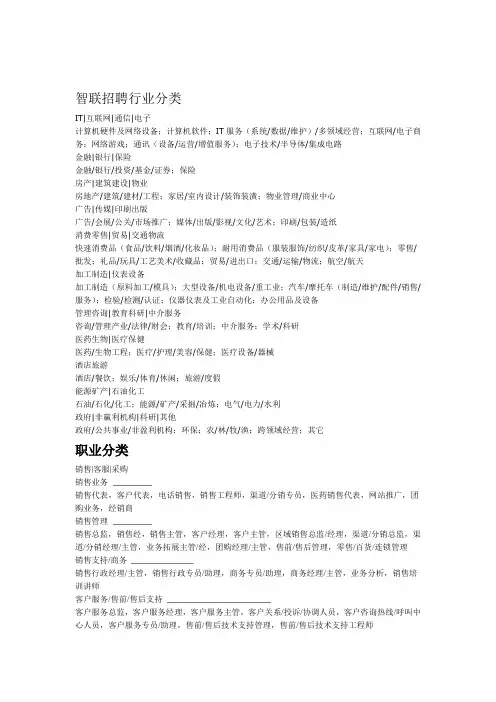 智联招聘行业职业分类讲解
