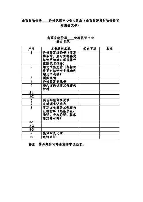 山西省物价局价格认证中心卷内目录(山西省涉案财物价格鉴定案卷文书)