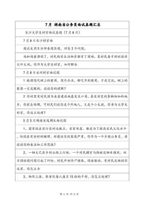 7月 湖南省公务员面试真题汇总.doc