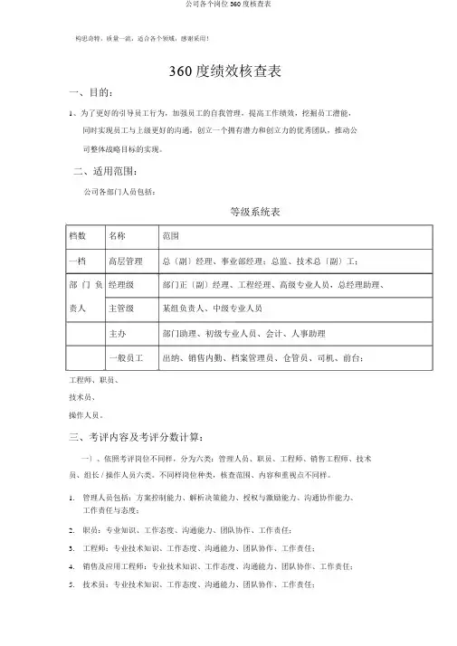 公司各个岗位360度考核表