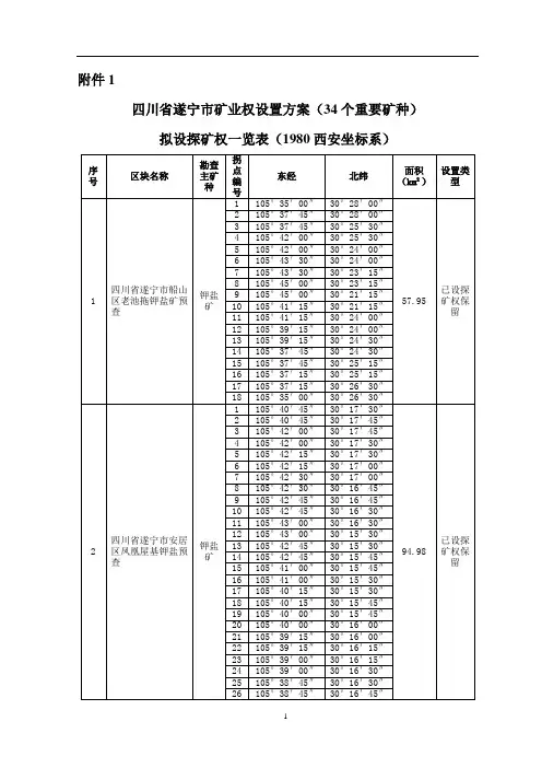 四川省遂宁市矿业权设置方案（34个重要矿种）