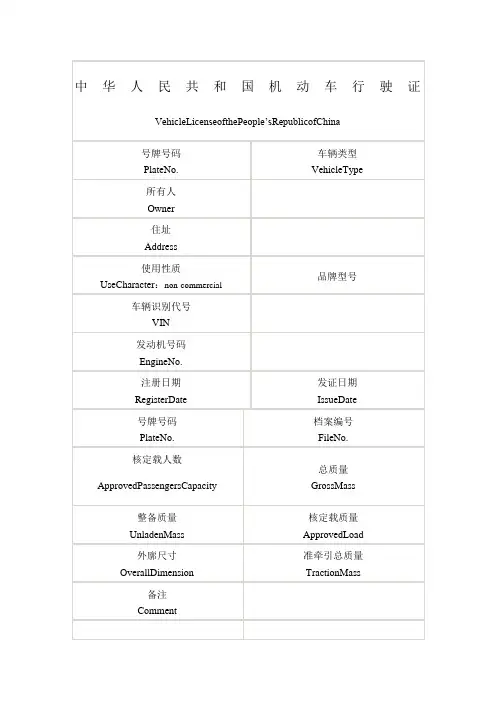 中华人民共和国机动车行驶证翻译模板
