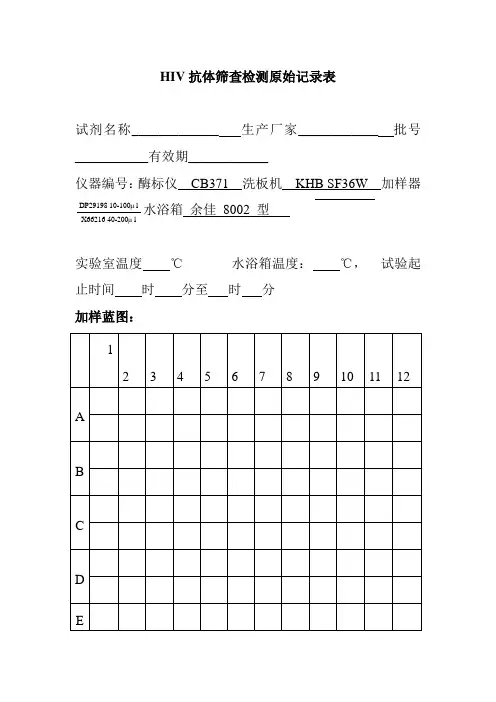 HIV抗体筛查检测原始记录表