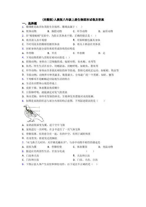 (完整版)人教版八年级上册生物期末试卷及答案