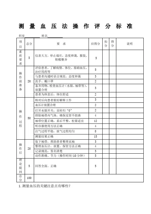 测量血压评分标准及操作流程图