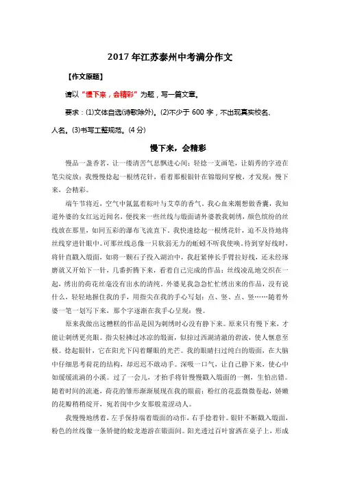 2017年江苏泰州中考满分作文《慢下来,会精彩》12