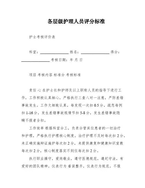 各层级护理人员评分标准