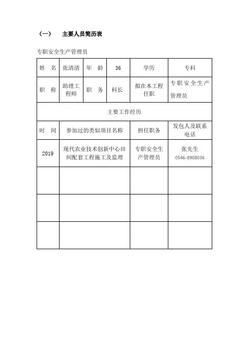 工程项目主要人员简历表