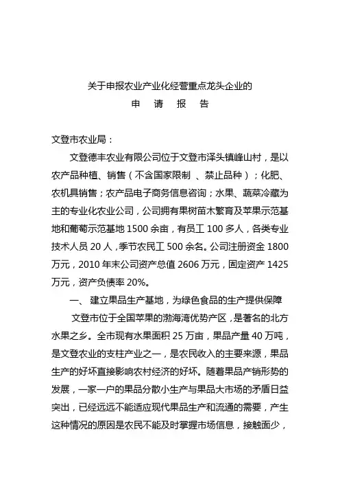 农业产业化经营重点龙头企业的申请报告