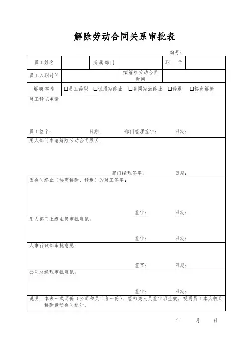解除劳动合同关系审批表模板(用)