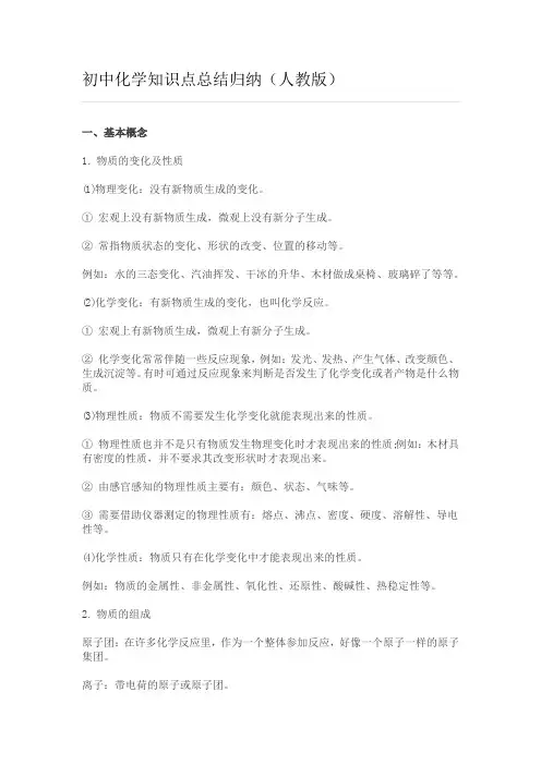 (完整版)初中化学知识点总结归纳(人教版)