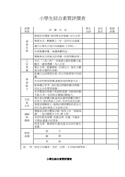 小学生综合素质评价表
