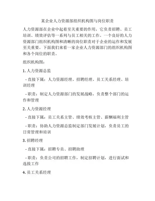 某企业人力资源部组织机构图与岗位职责