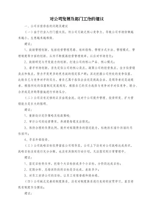 对公司发展及部门工作的建议