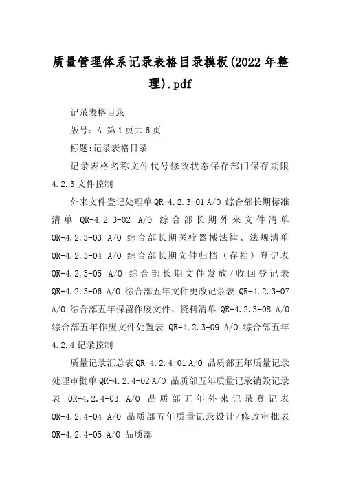 质量管理体系记录表格目录模板(2022年整理).pdf