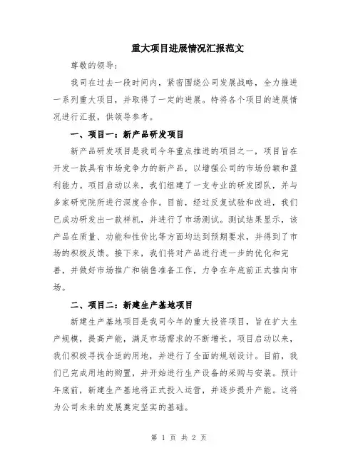 重大项目进展情况汇报范文