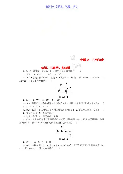 推荐2019中考数学专题复习小训练专题14几何初步知识三角形多边形