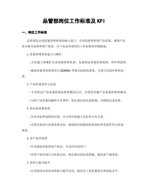 品管部岗位工作标准及KPI