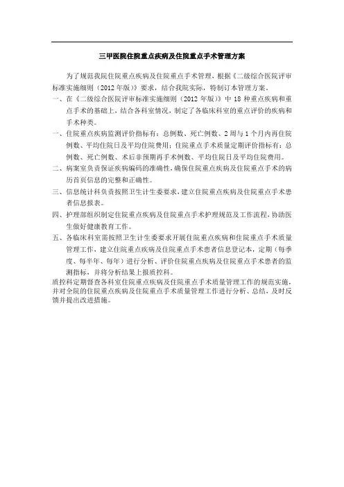 三甲医院住院重点疾病及住院重点手术管理方案