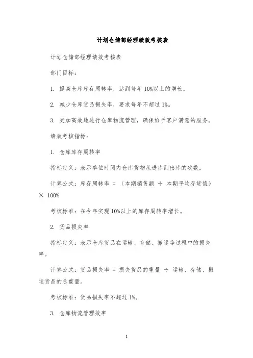 计划仓储部经理绩效考核表