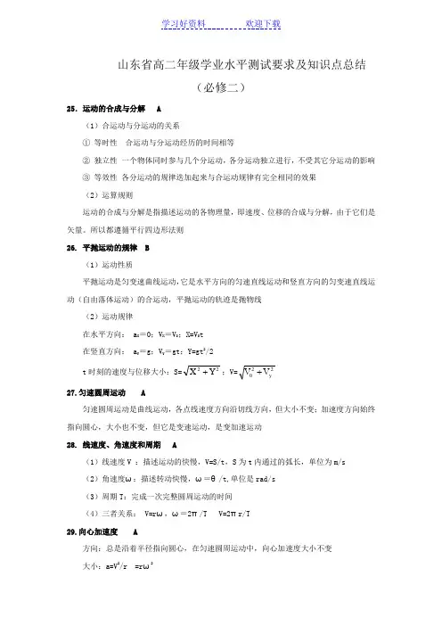 山东省高二年级物理学业水平测试要求及知识点总结(必修二)