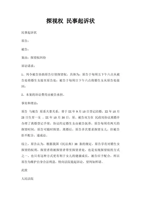 探视权 民事起诉状三篇