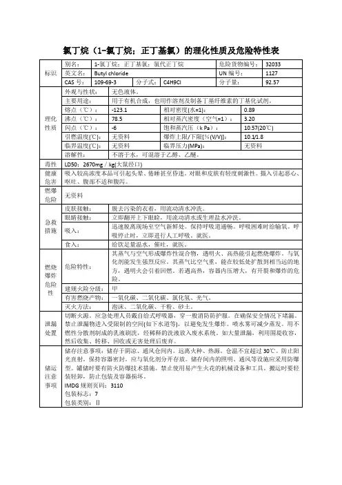 氯丁烷(1-氯丁烷;正丁基氯;氯代正丁烷)的理化性质及危险特性表