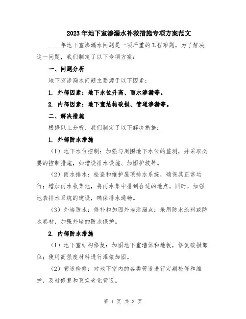 2023年地下室渗漏水补救措施专项方案范文