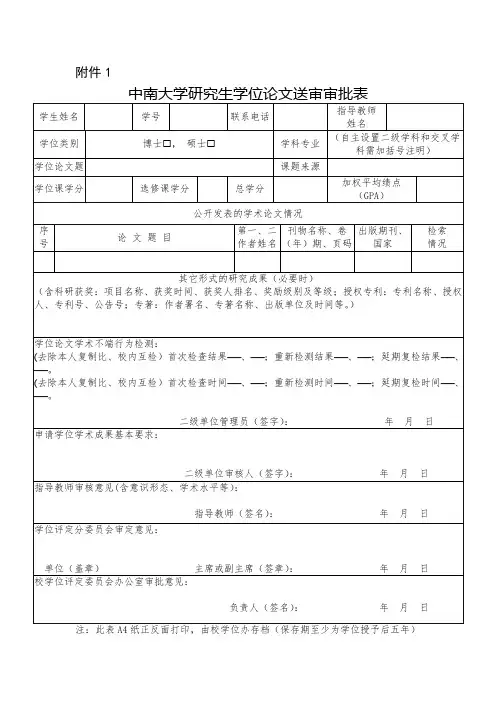 中南大学研究生学位论文送审审批表