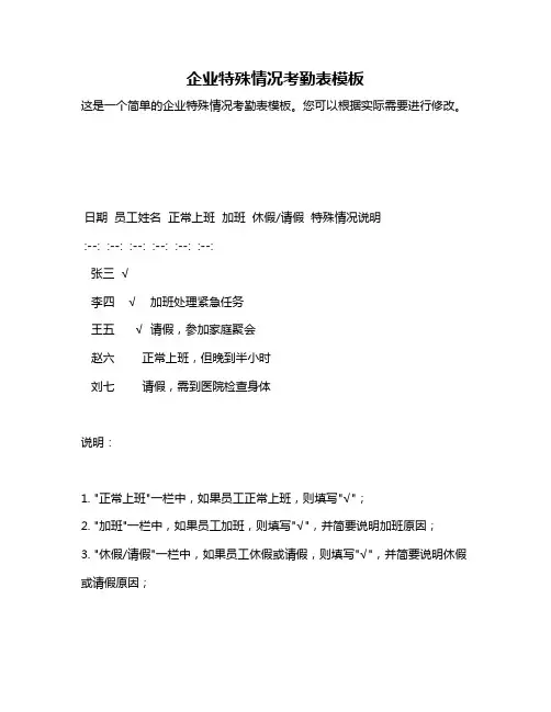 企业特殊情况考勤表模板