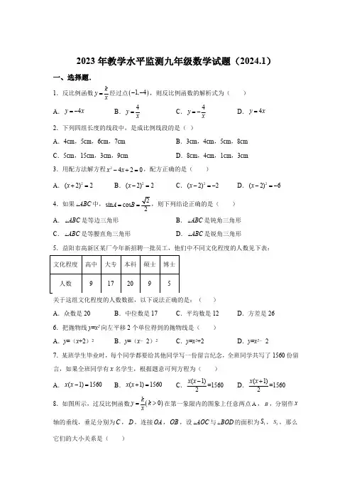 湖南省株洲市炎陵县2023-2024学年九年级上学期期末数学试题(含解析)