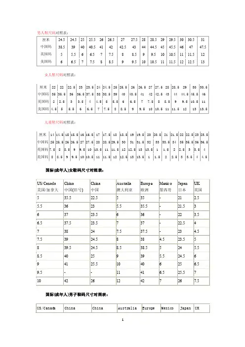 男人鞋尺码对照表