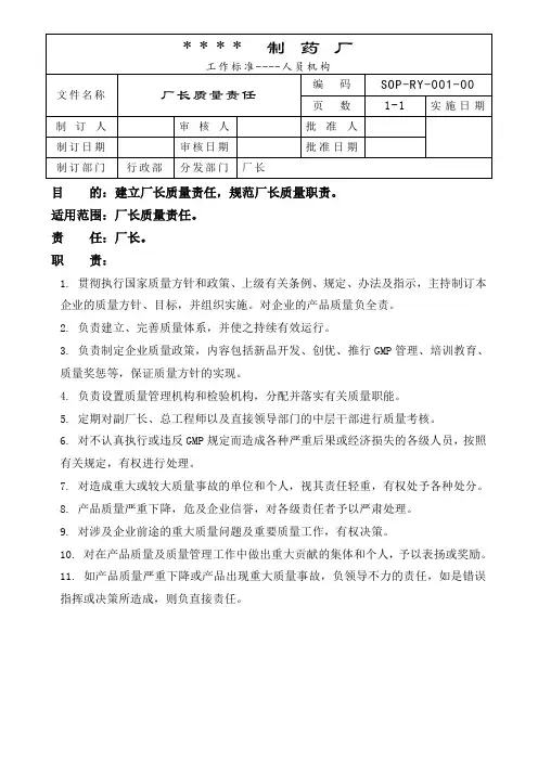 001-制药企业厂长质量职责、行政厂长、生产厂长职责