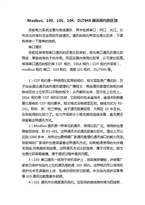 Modbus、103、101、104、DLT645通讯规约的区别