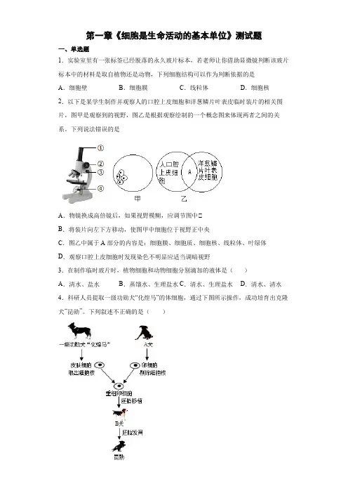 人教版七年级上册生物第一章 细胞是生命活动的基本单位 测试题(含答案)