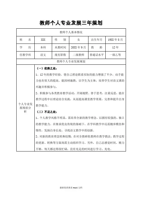 教师个人专业发展三年规划表