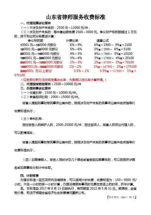山东省律师服务收费标准 (2017)