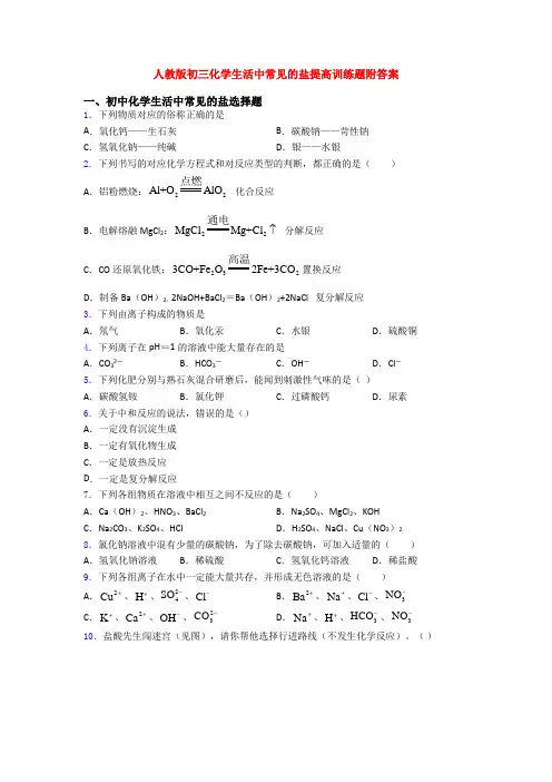 人教版初三化学生活中常见的盐提高训练题附答案