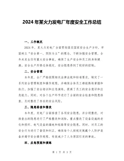 2024年某火力发电厂年度安全工作总结