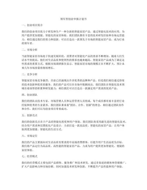 领军型创业申报计划书