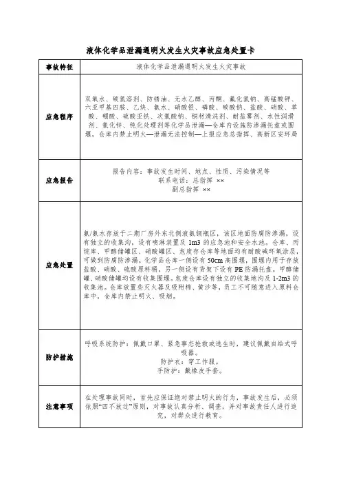 液体化学品泄漏遇明火发生火灾事故应急处置卡