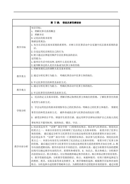 中职道德与法治《职业道德与法治》第十一课依法从事民事活动 教案(表格式)(2024年)