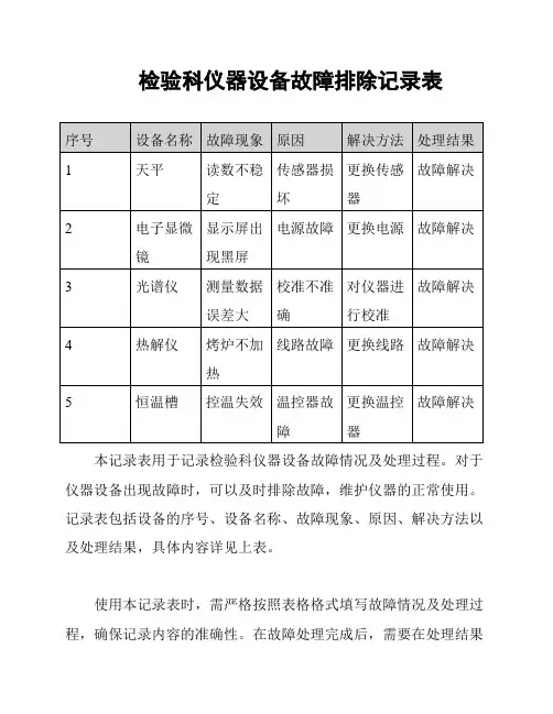 检验科仪器设备故障排除记录表