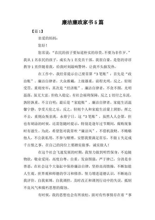 廉洁廉政家书5篇