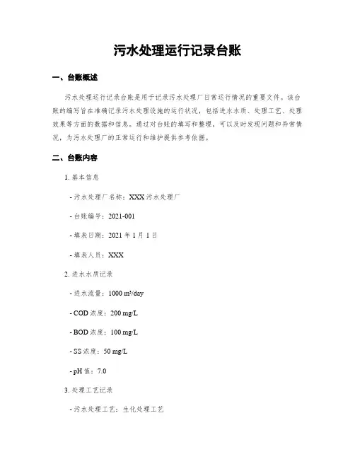 污水处理运行记录台账